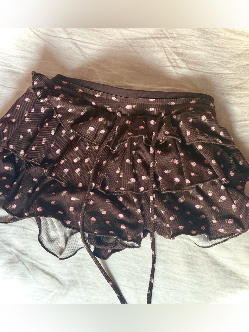 shosho Brown Mini Skirt with Pink Floral Ruffles